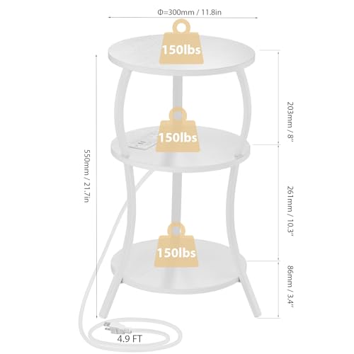 Small Round Side Table with Charging Station, 3-Tier Waist Circular End Table with Storage Shelf, Compact Tea Sofa Side Table Small Spaces, Round Corner Coffee Table for Living Room Bedroon,White - color: White, style: USB Charger