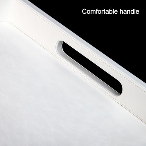 18x12 inches Leather Ottoman Serving Tray with Hole Handles, Rectangle Modern Service Tray for Living Room, Coffee Table, Bed, Tea, Food, Butler Countertop, Kitchen, Dinner, Picnic (White) - color: White, size: 18" x 12" x 2"