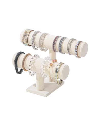 Coward 2 Tier Bracelet Holder Jewelry Display Stand, Necklace Bangle Bracelet Watch Organizer Storage Rack, Jewelry Show Tower for Women (Beige Velvet) - color: Beige, size: 2 Tier