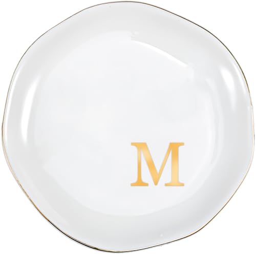 ProCase Ceramic Jewelry Tray, Initial Ring Dish Trinket Plate Engagement Gift, Small Personalized Monogram Ring Bowl for Wedding, White Decorative Jewelry Holder for Women Vanity -Letter M - style: M