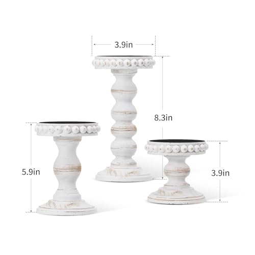 Mumufy 3 Pcs Candle Holders for Pillar Candles Rustic Farmhouse Home Decor Decorative Washed Beaded White Black Wood Candle Holder Country Style for Table Mantel Fireplace Wedding (White,Small) - color: White, size: Small