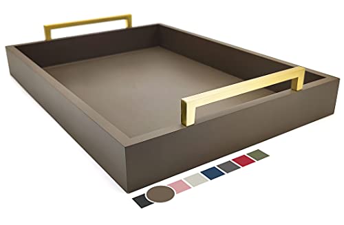 Decorative Coffee Table Tray - Ottoman Tray - Breakfast, Drinks, Liquor Serving Platter - from Farmhouse to Modern - Matte Finish - Champagne Gold Handles - Mocha - color: Mocha