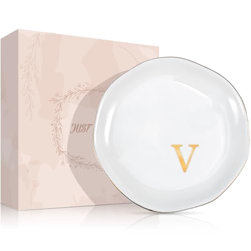 ProCase Ceramic Jewelry Tray, Initial Ring Dish Trinket Plate Engagement Gift, Small Personalized Monogram Ring Bowl for Wedding, White Decorative Jewelry Holder for Women Vanity -LetterV - style: V