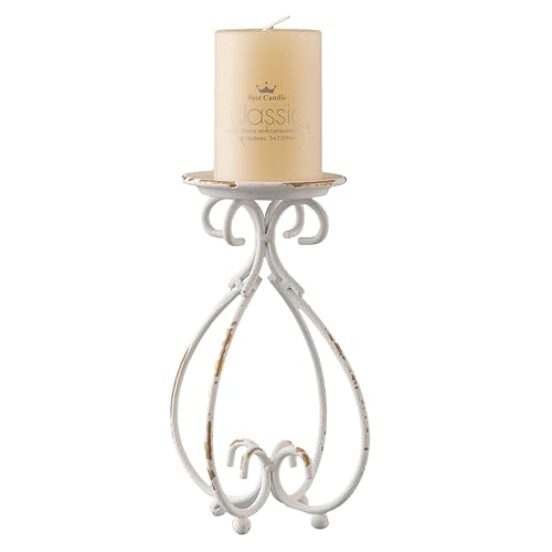 SOFE Vintage Metal Candle Holder, 6.5 Inches Tall White Candle Stand, Decorative Scrollwork Candle Pedestal with Distressed Finish, Indoor Classical Design for Pillar Candles