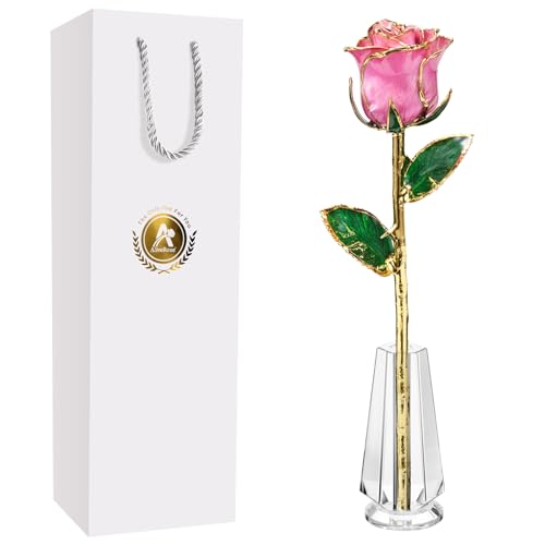 AliveRose Gold Plated Rose, 24K Gold Dipped Rose with Crystal Vase - Unique Design for Anniversary, Valentines, Mothers Day, Birthday Gifts - color: 5. Pink Original Rose With Crystal Vase