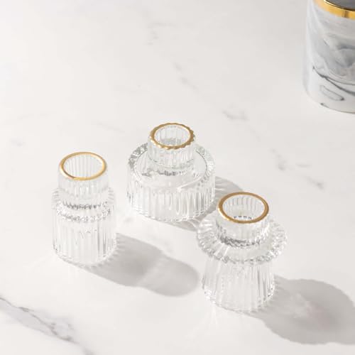Efavormart Set of 6 Clear Ribbed Crystal Glass 3" Taper Candle Holders with Gold Rim, Reversible Mini Votive Tealight Candle Stands - color: Type7