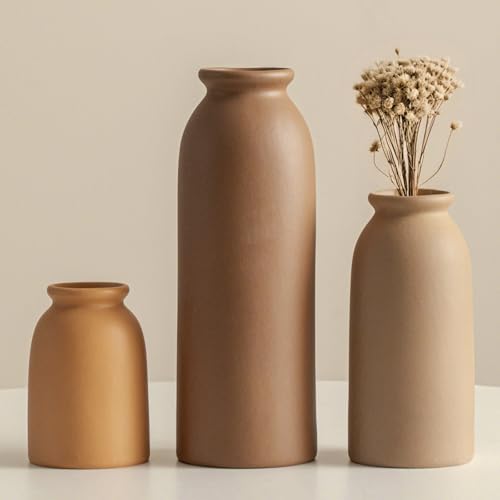 Ceramic Vase Set-3, Small Flower Vases for Decor, Modern Boho Farmhouse Style, Decorative Vases for Pampas Grass & Dried Flowers, Distressed Finish (Earth Tone) - color: Earth Tone