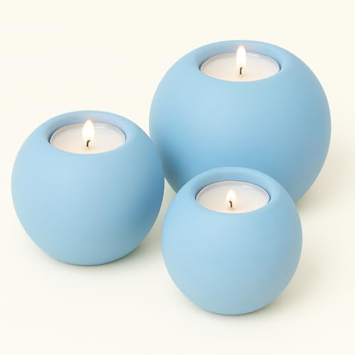 Concrete Sphere Tea Light Holder - Minimalist Centerpiece - Candle Holder - Modern Interior Design (Sky Blue, Set of 3 Sizes) - color: Sky Blue, size: Set of 3 Sizes