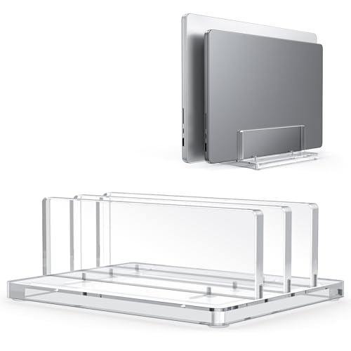 OMOTON Vertical Laptop Stand for Desk, Acrylic Dual Laptop Holder Desktop Clear Adjustable Dock for MacBook Pro Air, HP, All Gaming Laptops up to 17” (Clear, Dual Slot) - size: Dual-Clear