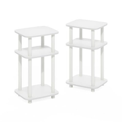 Furinno JUST Side Table Set of 2, 3-Tier Turn-N-Tube End Table with Open Shelf, Round Curve Corner Night Stand, Bedside Table, Easy Assembly, for Living Room, Bedroom, White - color: White/White, size: 2-Pack, Plastic Frame, 3-Tier