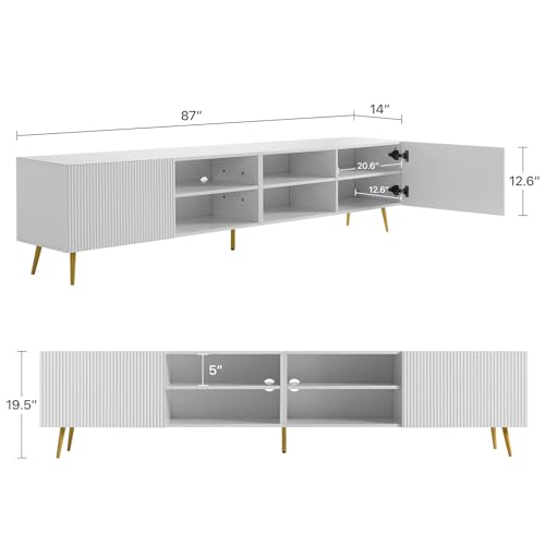Modern 86in TV Stand for Living Room, Fluted Design Entertainment Center with Adjustable Shelves,Media TV Console Table with Storage for Bedroom,White - color: White