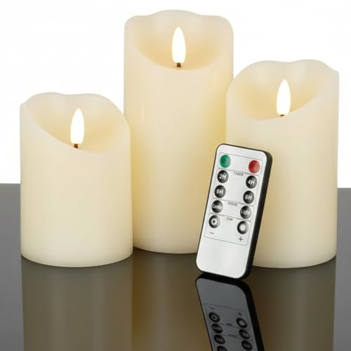 VENTA Set of 3 Warm Ivory Pillar Candles | Real Wax Battery Operated Candles with Flickering Flame | Timeless Year-Round Decor for Weddings, Mantels & Centerpieces - color: Ivory
