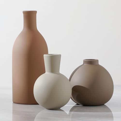 Ceramic Vase Set of 3, Vases Home Decor Rustic Farmhouse Decorative Vase Pottery Vases for Bouquet Pampas Grass Dried Fresh Flowers, Table Living Room Kitchen Bedroom Bathroom - Brown - color: Brown