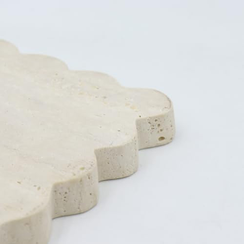 Square Marble Decorative Tray with Scalloped Edge, Luxury Natural Stone Bathroom Vanity Tray, Dresser Top Perfume Coffee Home Kitchen Sink Tray, Key Trinket Ring - color: Beige Travertine