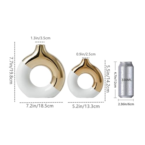 White and Gold Donut Vase, Modern Ceramic Vase for Pampas Grass, Perfect Centerpiece for Weddings, Living Room, and Office Decor (White Gold, Set(S+L)) - color: White Gold, size: SET(S+L)