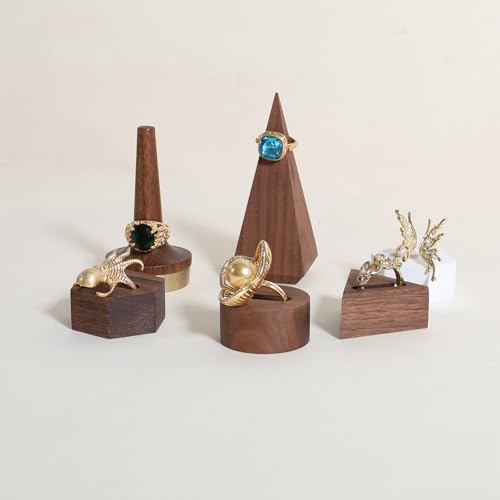 GemeShou 6pcs Wood Jewelry Ring Storage organizers, Retail ring display slot stand, Small walnut Jewelry ring holder tray for Girl Woman Room Decoration【Walnut-Round 6pcs】 - style: Circle