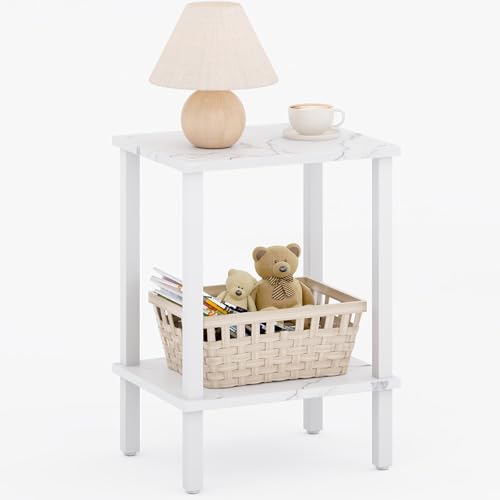 TUTOTAK End Table, Side Table, Nightstand, 2-Tier Storage Shelf, Sofa Side Table for Small Space, Living Room, Bed Room TB01BMW034 - color: Marble White