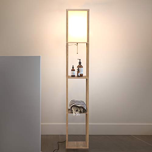 Brightech Maxwell - Modern Shelf Floor Lamp with Lamp Shade & Warm White LED Bulb, Corner Display Floor Lamp with Shelves for Living Room, Bedroom, Nightstand Office, Home Decor Storage - Rustic Wood - color: Rustic Wood