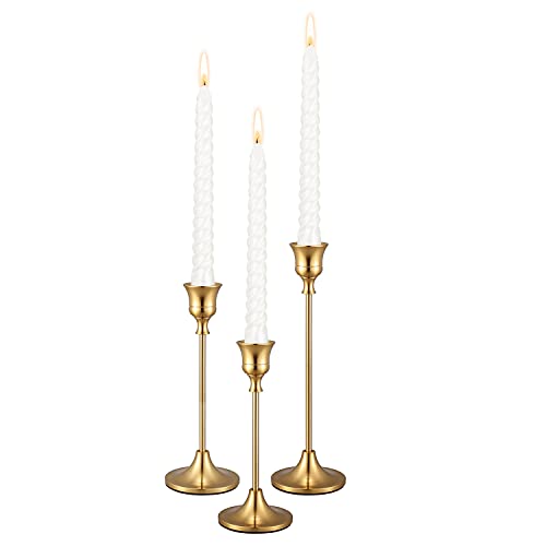 Gold Candlestick Holders Taper Candle Holder - Set of 3 Pcs Brass Gold Candle Stick Holder Centerpieces Decorations for Table, Mantel, Wedding, Dinning, Party(Candles not Include) - size: 1 Set