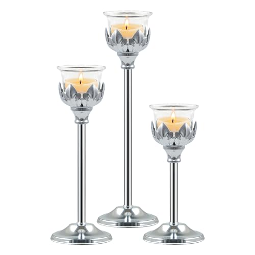 Set of 3 Metal Tea Light Candle Holder with 3 Glass Cups, 12/10/8 Inch Elegant Tealight Candelabra Centerpiece for Wedding Table Decor, Tiered Home Party Decoration (3, Silver) - color: Silver