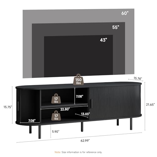 63" TV Stand with Power Outlet, Modern Media Console with Sliding Doors, Entertainment Center for TVs up to 60 Inch, Adjustable Shelves, Black - color: Black, size: 63 Inch