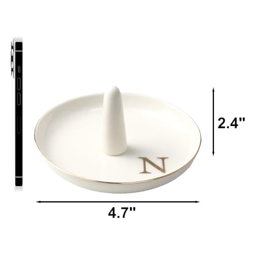 Ceramic Initials Jewelry Tray Ring Dish With Personalized N-Monogrammed Engagement Wedding Gifts, for Birthday Mother's Day for Women, Ceramic White 4.7" x2.4" - style: N