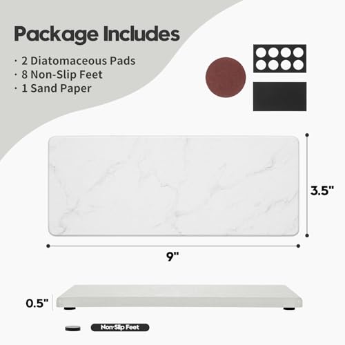 2PCS Water Absorbing Stone Drying Tray for Kitchen Counter, Diatomite Mat Vanity Caddy for Bathroom Sink, Faucet Splash Guard,Soap Dispenser Rack Sponge Holder Organizer, Marble White, 9"x3.5" - color: 2 Pack - Marble White, size: 9" x 3.5"