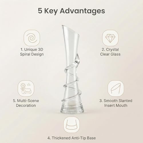 9.7 Inch Spiral Glass Vase with Angled Neck Handblown Minimalist Bud Vase for Modern Home Table Decor