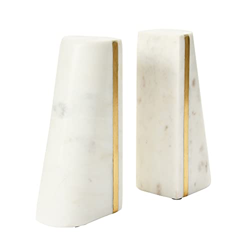Main + Mesa Geometric Marble Bookends with Brass Inlay, White - color: White