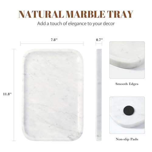 Koville Marble Tray, 12"x8" Marble Vanity Tray for Countertop Bathroom Kitchen Dresser, Decorative Catchall Trays for Perfume Jewelry, Rectangular Stone Serving Tray(Bianco Carrara) - color: Bianco Carrara
