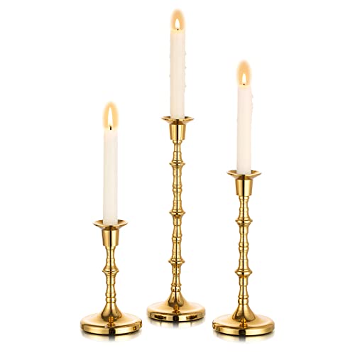 Nuptio Brass Candlestick Holders for Centerpiece: Set of 3 Gold Taper Candle Stick Holders for Home Dining Table Fireplace Decor - color: Gold, size: 1 set/ 3 pcs