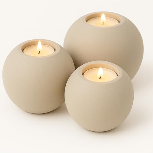 Concrete Sphere Tea Light Holder - Minimalist Centerpiece - Candle Holder - Modern Interior Design (Cement Gray, Set of 3 Sizes) - color: Cement Gray, size: Set of 3 Sizes