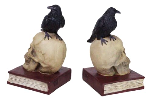 Ebros Edgar Allan Poe Harbinger of Doom and Bad Omens Raven Crow Perching On Skull with Ancient Book Pair of Bookends Statue 7.5" Tall Bibliography Gothic Macabre Ossuary Figurine As Halloween Decor