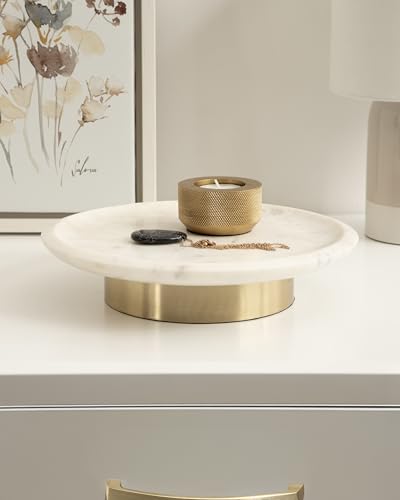 Kate and Laurel Sevienne Modern Glam Round Marble Tray, 10 Inch Diameter, White and Gold, Contemporary Scooped Pedestal Tray for Use as Entryway Tray Catchall or Small Coffee Table Tray