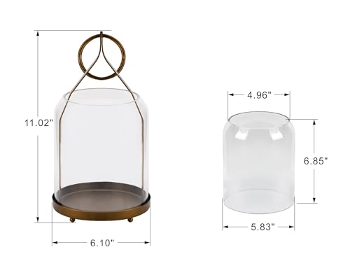 6" Wide Modern Hurricane Candle Holder with Handmade Scandinavian Glass Sleeve in Antique Brass for Pillar Candle & Plants, Hurricane Lantern Industrial, Minimalistic, Shabby Chic (1, Brass, 6"x10")