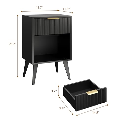 YAUKOMEL Fluted Night Stand with Opening Storage,Mid Century Bedside Table with Drawer,Black Nightstand with Wood Legs,End Table Side Table for Living Room,Bedroom,11.8" Dx15.7 Wx 25.2" H CTG56BK - color: Black