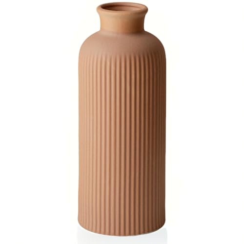 Coffee Ribbed Ceramic Vase for Flowers, Large Modern Textured Decorative Vase, 10 Inch Tall, Farmhouse Style Home Decor (Coffee) - color: Coffee