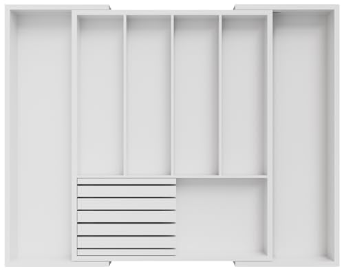 Bamboo Kitchen Silverware Drawer Organizer - Expandable Wood Utensil Holder with Dividers, Luxury Cutlery Storage Tray for Kitchen Utensil and Flatware (5-7 Slots with Removable Knife Block, (White) - color: White