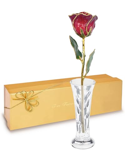 Forever Rose Hand-Dipped in 24K Gold, Ruby Red-Inspired July Birthstone with Sparkles, Real Rose in Luxury Gold Gift Box & Clear Glass Bud Vase –Perfect Ready to Gift for July Birthday or Any Occasion - color: July Ruby