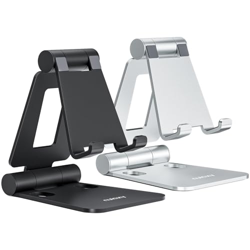 Nulaxy 2 Pack Fully Aluminum Dual Folding Cell Phone Stand, Adjustable Foldable Desktop Phone Holder for Desk Compatible with iPhone 17 16 15 14 13 12 11 Pro Max Xs Xr X 8, All Phones, Black & Silver - color: A-Black & Silver