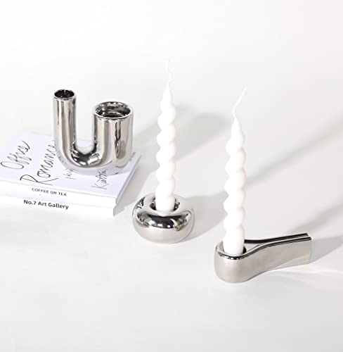 Silver Candlestick Holders, Decorative Taper Candle Holder Set Decor for Table Centerpiece Fireplace, Modern Silver Candle Holders Set, Aesthetic Ceramic Candle Stick Holder