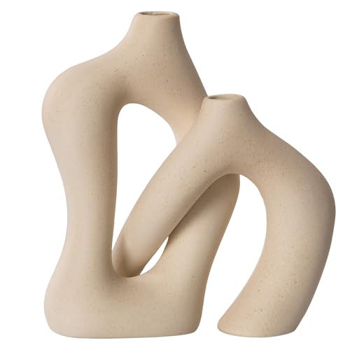 Ceramic Vase Set of 2, Farmhouse Decor Cream White Cute Vases for Home Kitchen Bedroom Office Living Room Centerpiece Table Shelf Desk Decorations, Housewarming Gifts for Women Men - color: Matte Ceram White