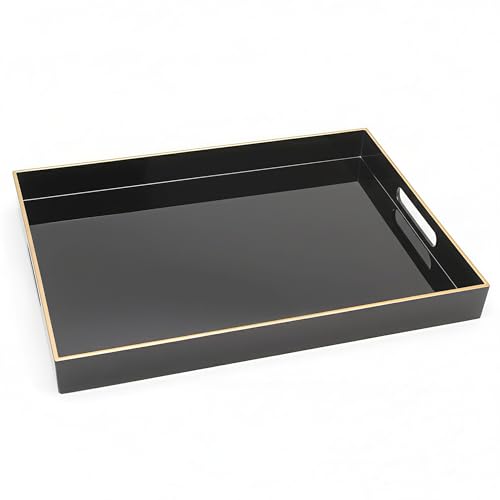 15.8" x 11.8" Black Plastic Serving Tray with Gold Trim and Handles, Decorative Rectangular Tray for Ottoman, Coffee Table, Kitchen Counter, Bathroom Vanity, Heavy-Duty & Easy to Clean - color: Black