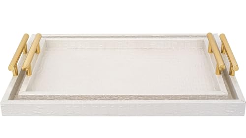 Set of 2 Modern Elegant Large Wood Serving Tray, Rectangle Decorative Tray Ottoman Tay Coffee Table Tray, Pearl White Crocodile Leather with Gold Polished Metal Handles - style: White Crocodile Tray