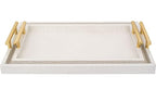Set of 2 Modern Elegant Large Wood Serving Tray, Rectangle Decorative Tray Ottoman Tay Coffee Table Tray, Pearl White Crocodile Leather with Gold Polished Metal Handles - style: White Crocodile Tray