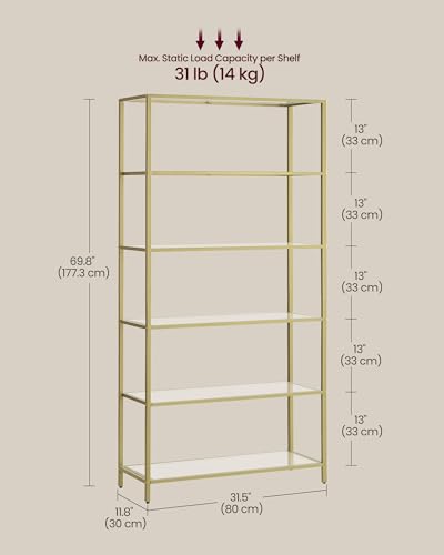 VASAGLE Bookcase, 6-Tier Bookshelf, Slim Shelving Unit for Bedroom, Bathroom, Home Office, Tempered Glass, Steel Frame, Metallic Gold ULGT503A01 - color: Metallic Gold, size: 6 Tiers (31.5"W x 69.8"H)