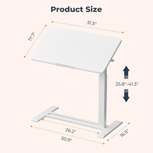 Medical Adjustable Overbed Bedside Table with Casters 90° Tilting Desktop Pneumatic Mobile Rolling Laptop Computer Standing Desk Cart with Tray, Hospital Table(31.5" W x 17.7" D, White) - color: White, size: 3218