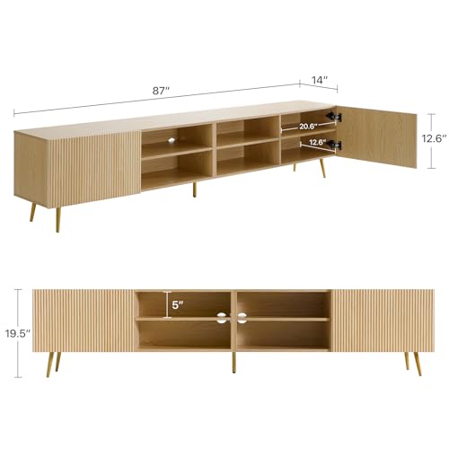 Modern 86in TV Stand for Living Room, Fluted Design Entertainment Center with Adjustable Shelves,Media TV Console Table with Storage for Bedroom,Nature - color: Natural