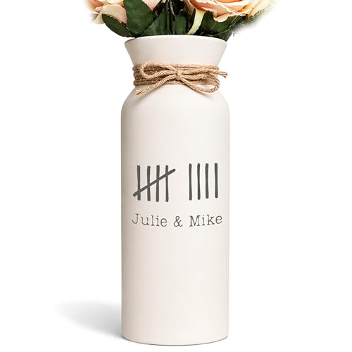 9th Anniversary Pottery Gift for Her Personalized Ceramic Vase with Tally Marks White Handcrafted Custom Couple Names Keepsake 9 Years Marriage, Engraved Handmade 3 x 8 Inches