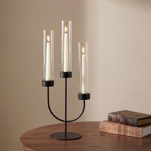 Sziqiqi Black Candelabra Candle Holder: 3 Arm Candlesticks Holder Decor with Glass Hurricane for Dining Table Centerpiece - Metal Candelabra for Halloween Outdoor Dinner Fireplace - color: Black